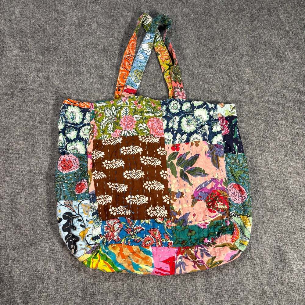 World Market Floral Block Print Patchwork Quilted Cotton Tote Bag C114LM - Picture 1 of 5